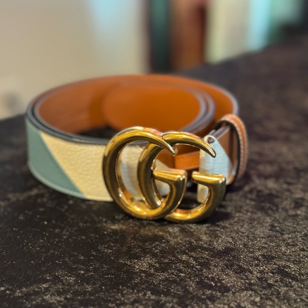 GUCCI Blue/White/Brown Smooth Leather Double G